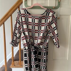 Tie-Waist Plaid Mini Dress in White, Black & Burgundy